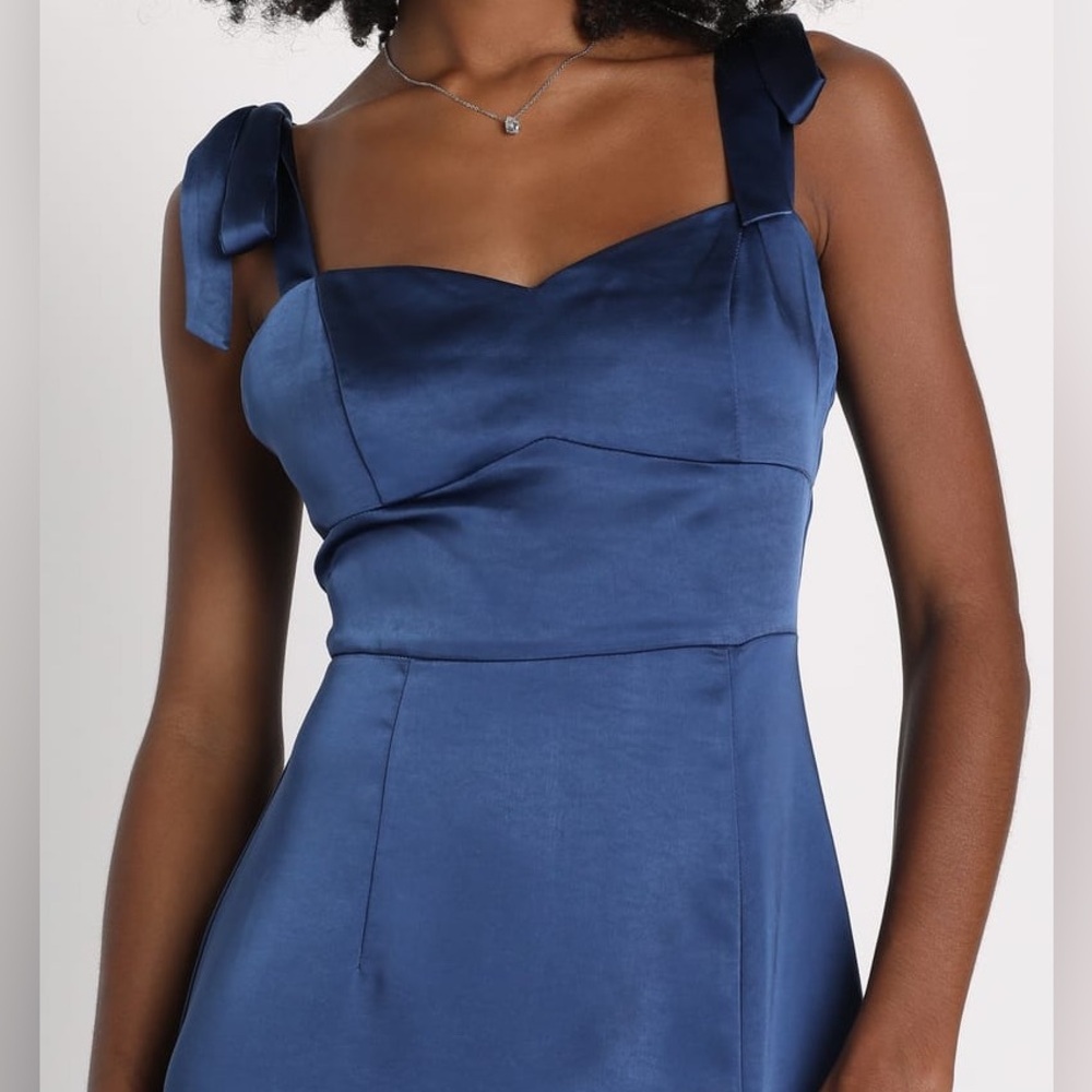 Lulus Effortless Sophistication Navy Blue Satin Tie-Strap Long Maxi Dress,Size S - Picture 5 of 16